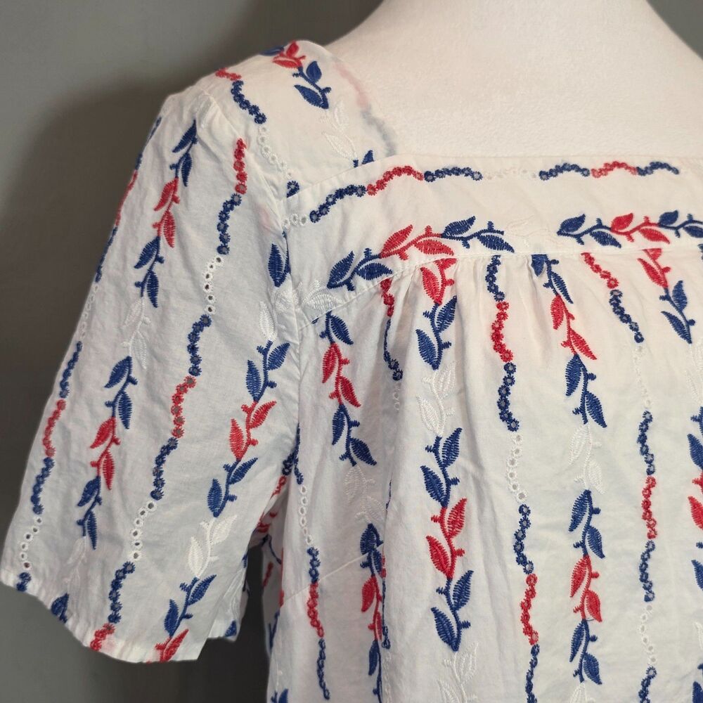 Talbots 100% Cotton Red White Blue Peasant Top LG Cottage Floral Boho Preppy